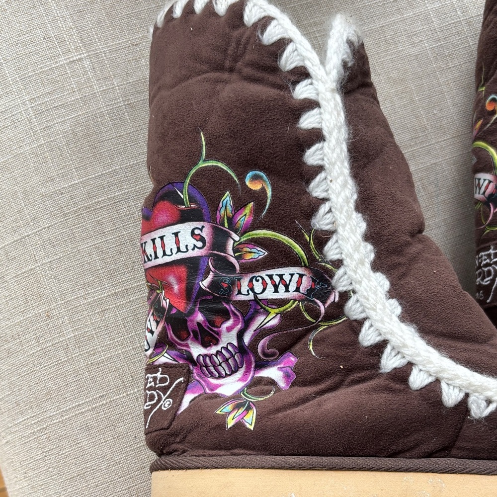 Ed Hardy Dark Brown Boots with Colorful Tattoo Art - Picture 3 of 10